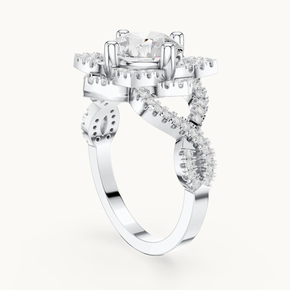Round lab-grown diamond starburst halo engagement ring with twisted pavé band in white gold, 2.42 CT TW, view 1