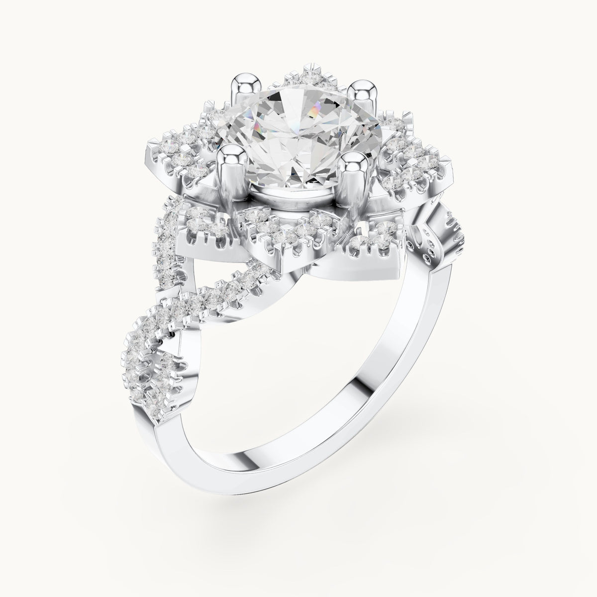Round lab-grown diamond starburst halo engagement ring with twisted pavé band in white gold, 2.42 CT TW, view 2
