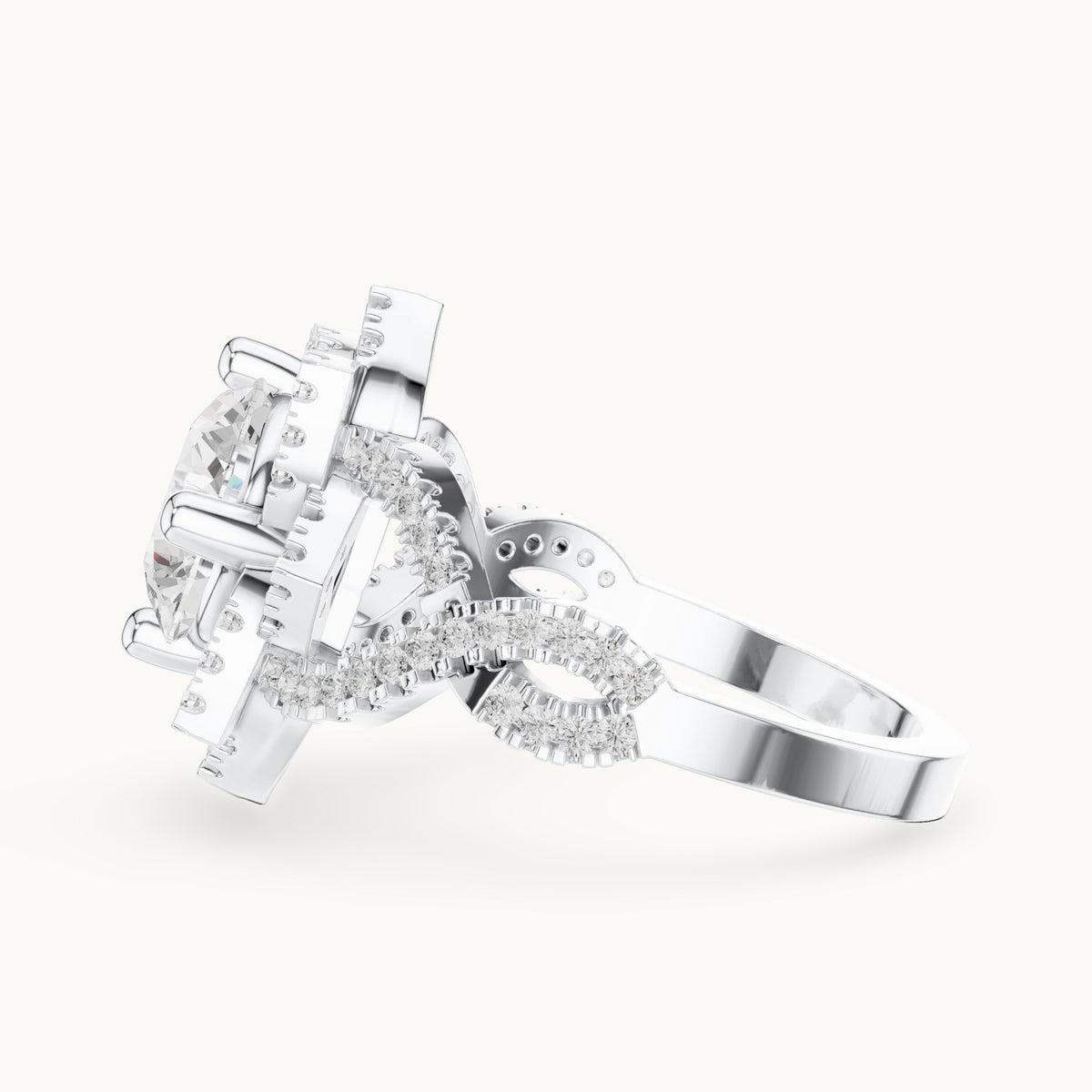 Round lab-grown diamond starburst halo engagement ring with twisted pavé band in white gold, 2.42 CT TW, view 3