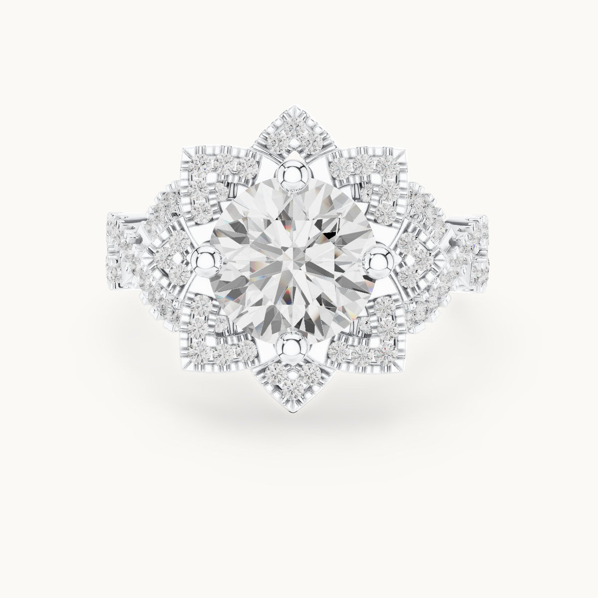 Round lab-grown diamond starburst halo engagement ring with twisted pavé band in white gold, 2.42 CT TW, view 4