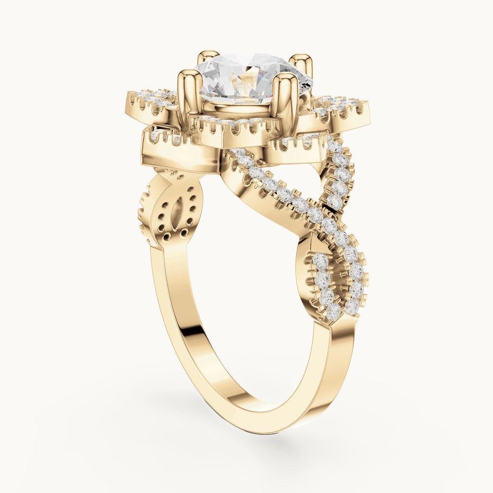 Round lab-grown diamond starburst halo engagement ring with twisted pavé band in yellow gold, 2.42 CT TW, view 1