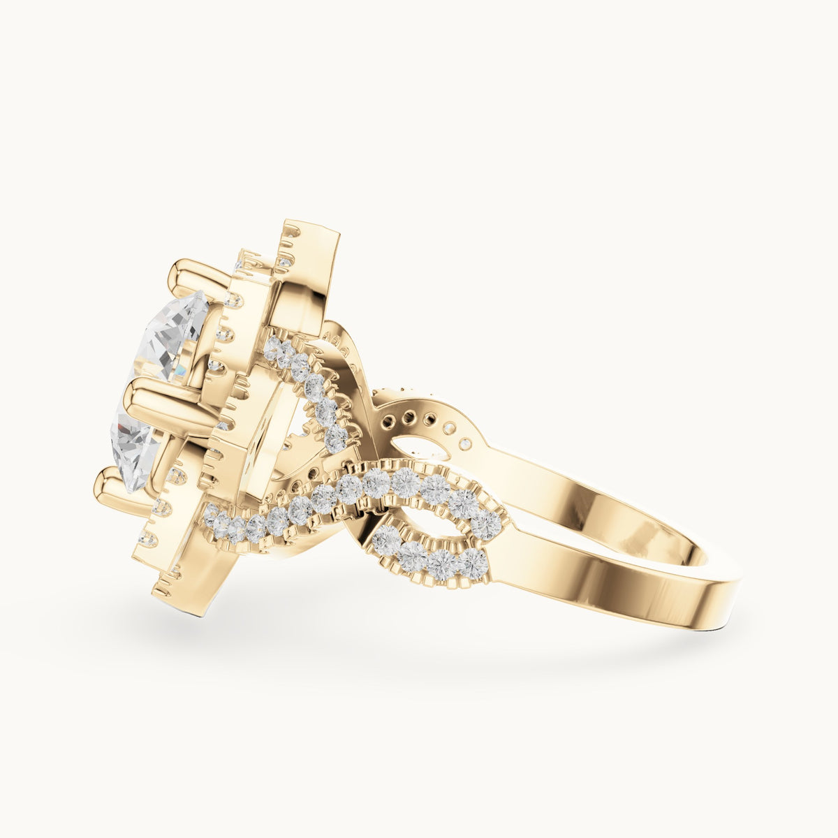 Round lab-grown diamond starburst halo engagement ring with twisted pavé band in yellow gold, 2.42 CT TW, view 3