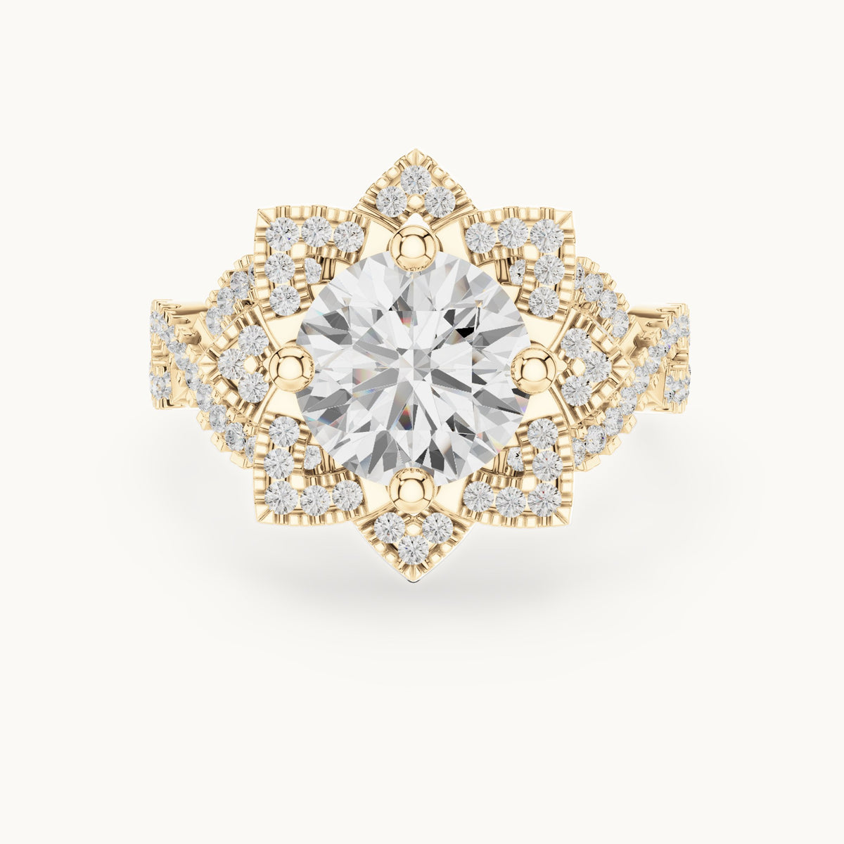 Round lab-grown diamond starburst halo engagement ring with twisted pavé band in yellow gold, 2.42 CT TW, view 4