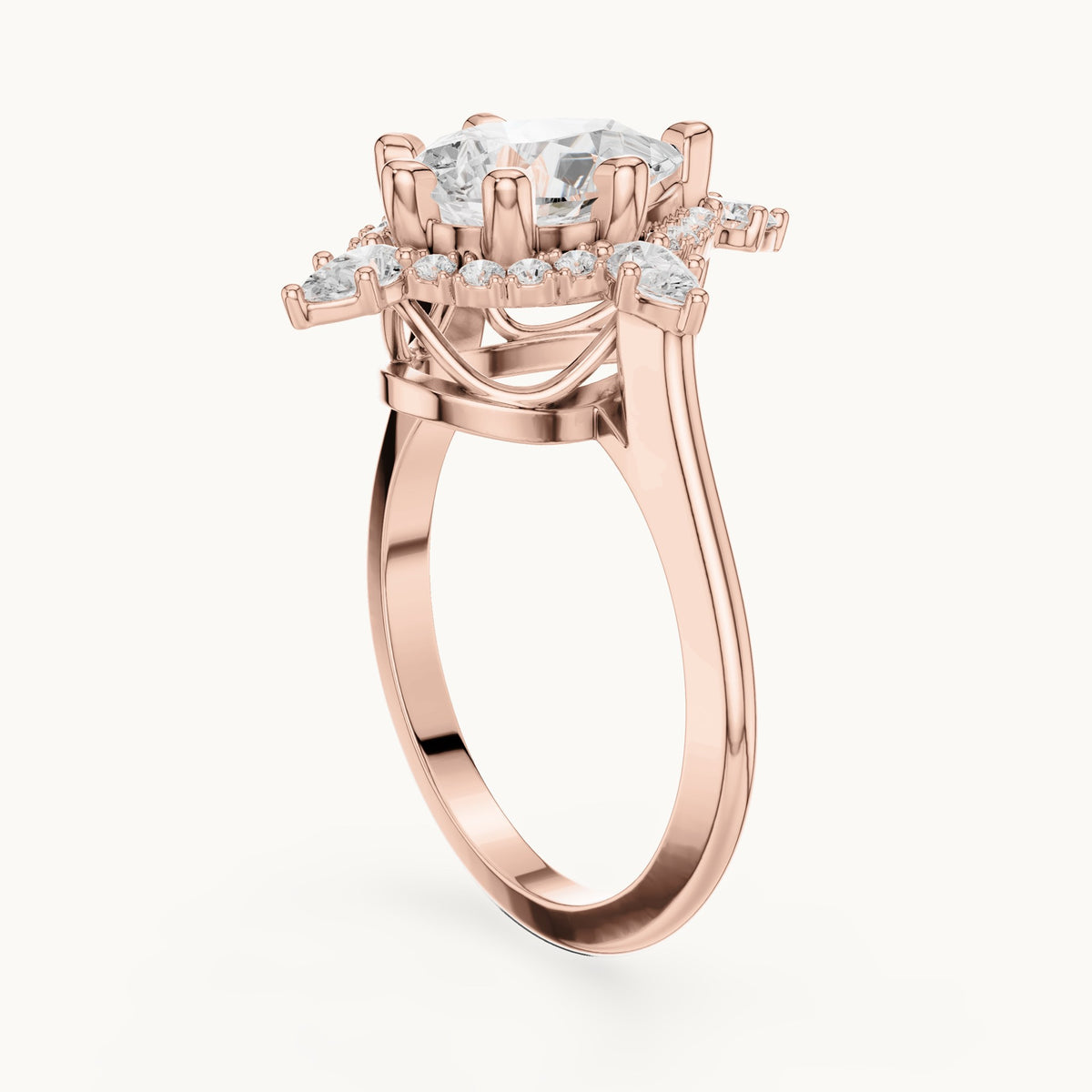 Pear lab-grown diamond halo engagement ring with pear accents in rose gold, 2.43 CT TW, view 1