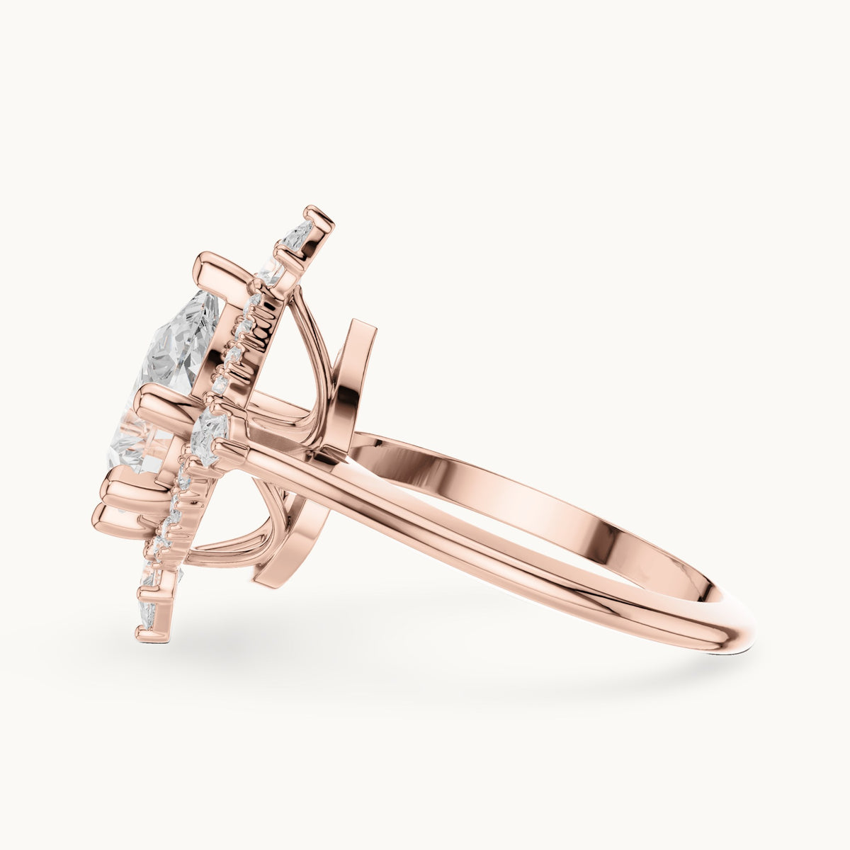 Pear lab-grown diamond halo engagement ring with pear accents in rose gold, 2.43 CT TW, view 3