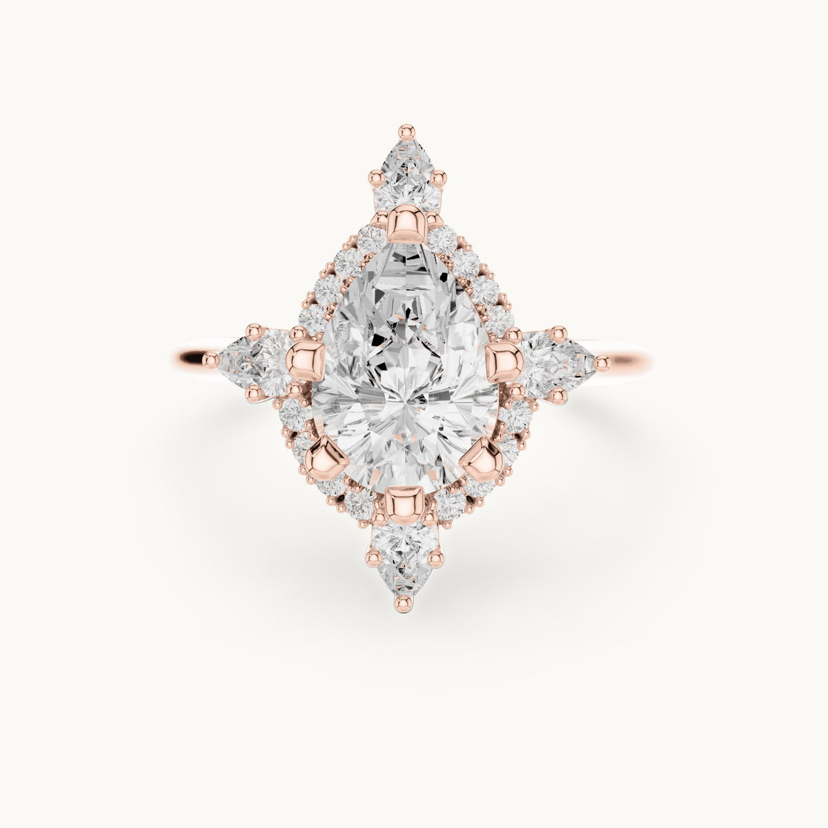 Pear lab-grown diamond halo engagement ring with pear accents in rose gold, 2.43 CT TW, view 4