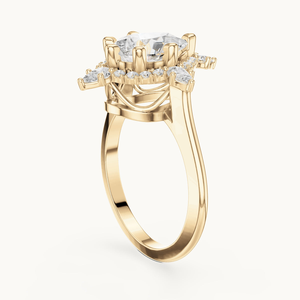 Pear lab-grown diamond halo engagement ring with pear accents in yellow gold, 2.43 CT TW, view 1