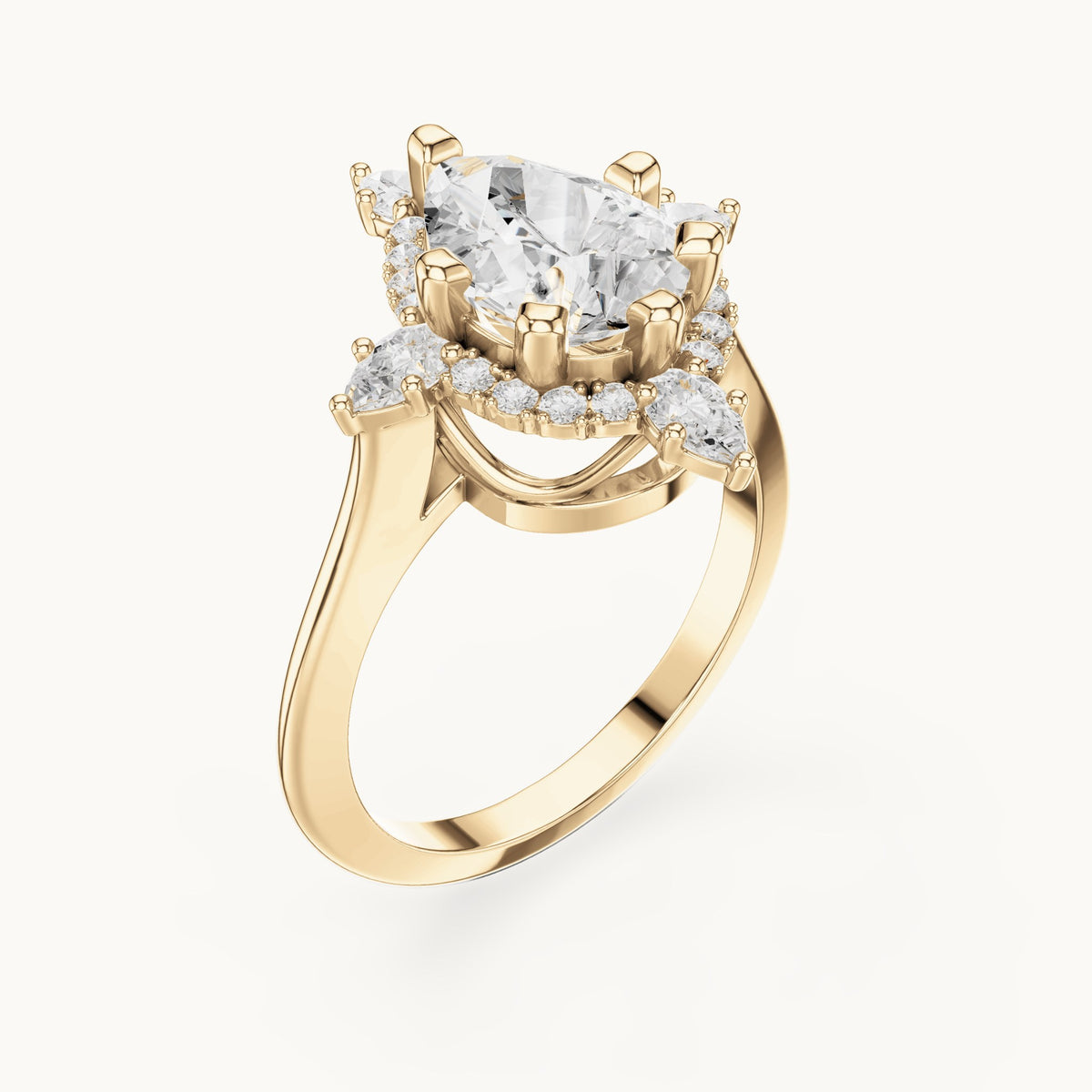 Pear lab-grown diamond halo engagement ring with pear accents in yellow gold, 2.43 CT TW, view 2