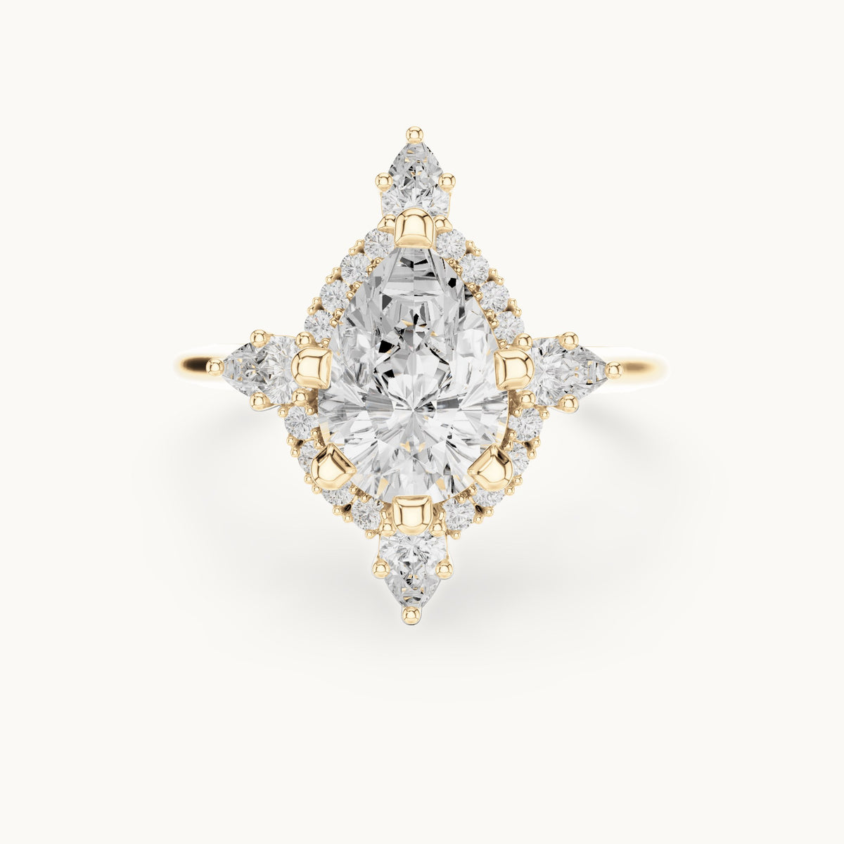 Pear lab-grown diamond halo engagement ring with pear accents in yellow gold, 2.43 CT TW, view 4
