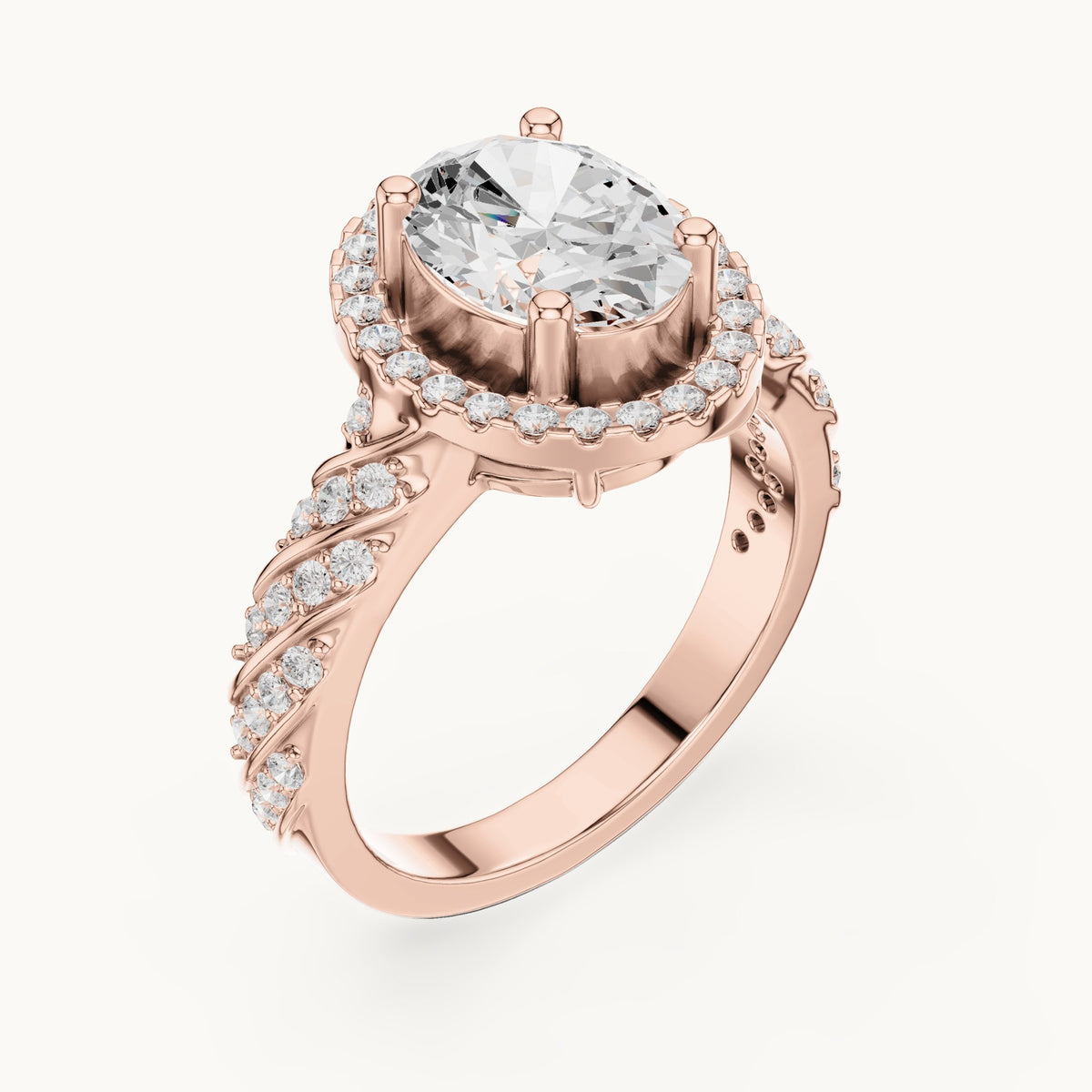 Oval lab-grown diamond halo engagement ring with twisted pavé band in rose gold, 2.12 CT TW, view 2