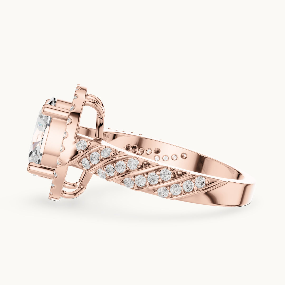 Oval lab-grown diamond halo engagement ring with twisted pavé band in rose gold, 2.12 CT TW, view 3