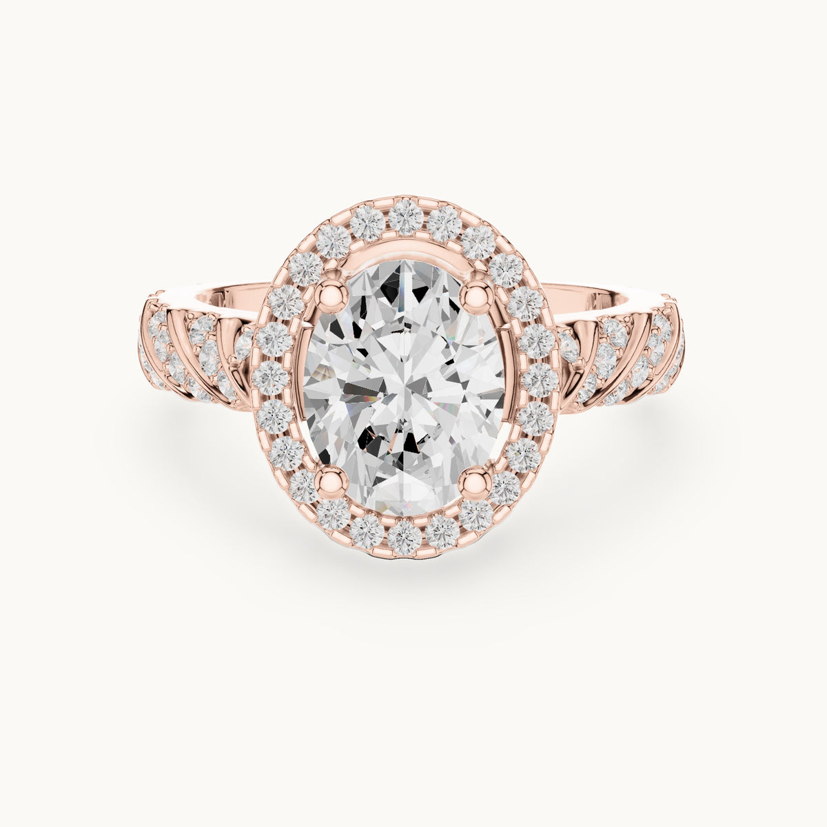 Oval lab-grown diamond halo engagement ring with twisted pavé band in rose gold, 2.12 CT TW, view 4