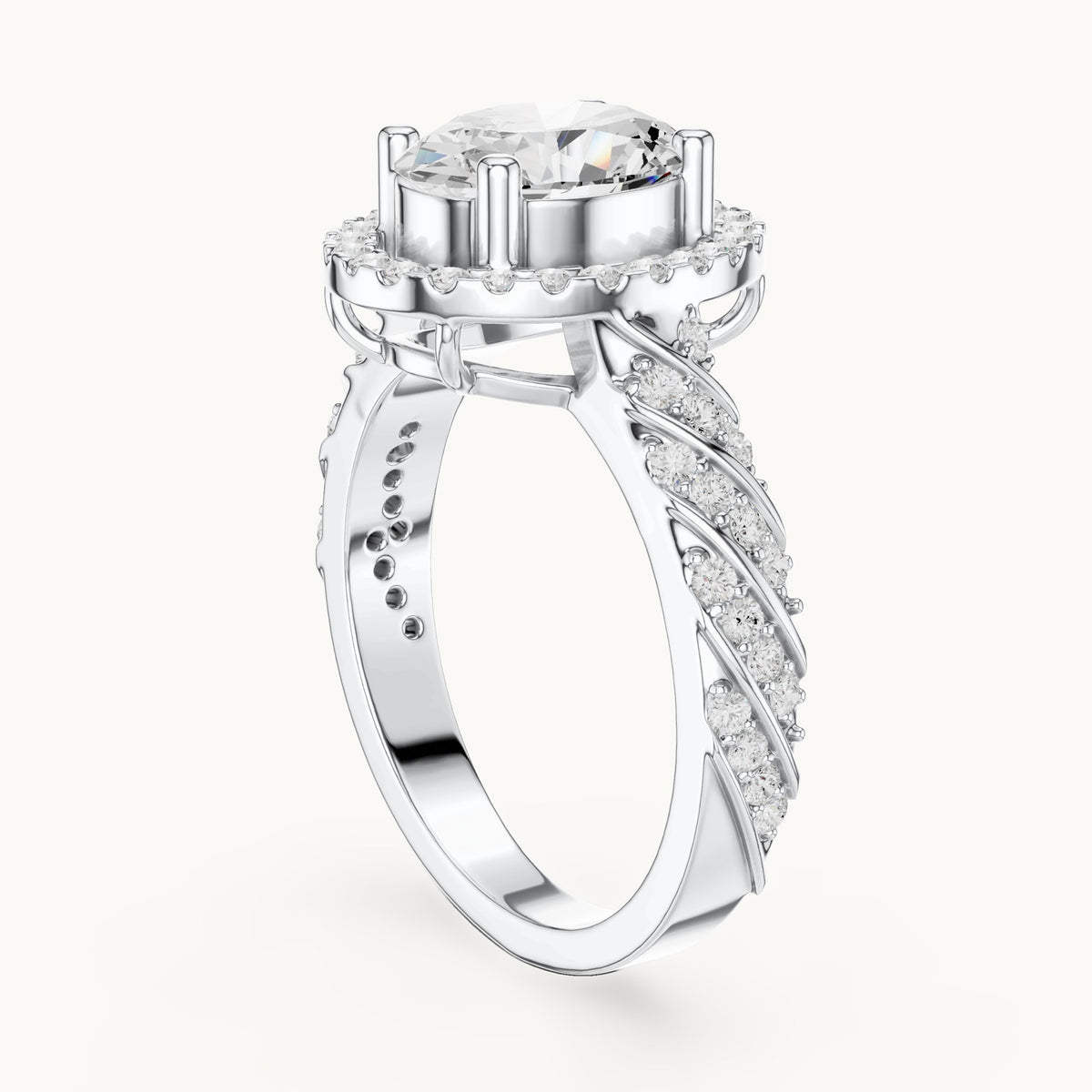 Oval lab-grown diamond halo engagement ring with twisted pavé band in white gold, 2.12 CT TW, view 1