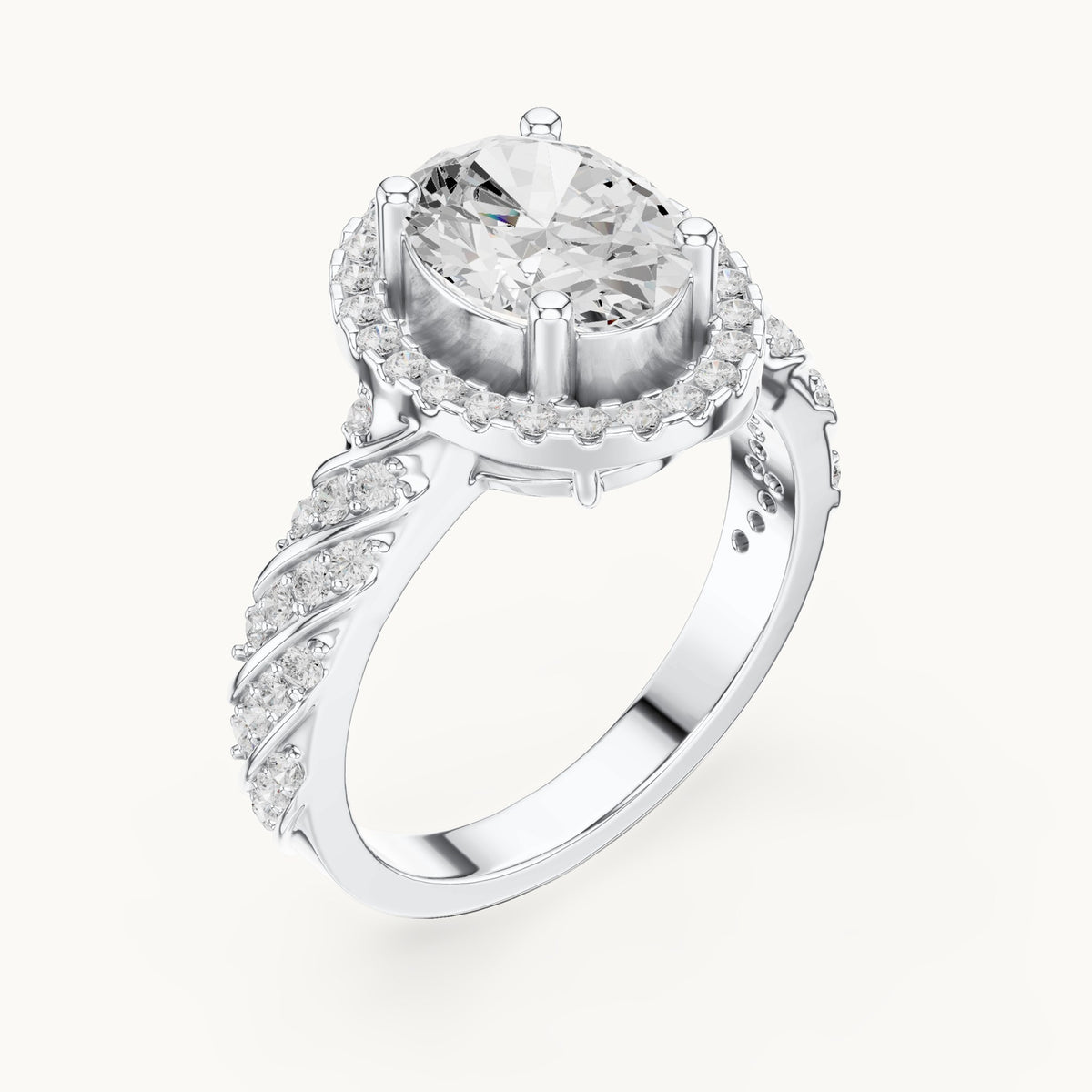 Oval lab-grown diamond halo engagement ring with twisted pavé band in white gold, 2.12 CT TW, view 2