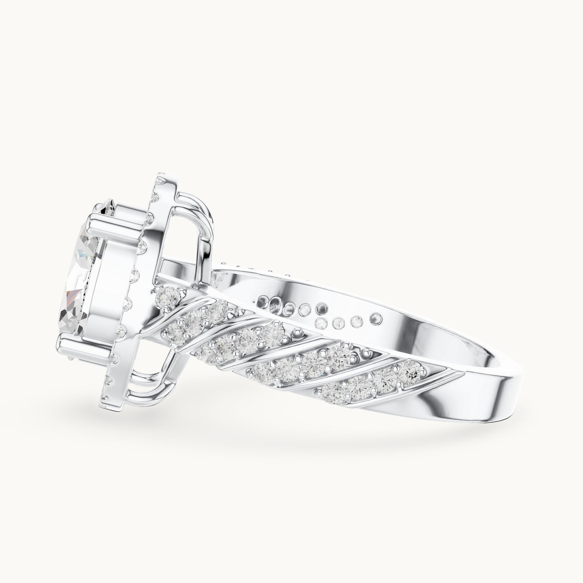 Oval lab-grown diamond halo engagement ring with twisted pavé band in white gold, 2.12 CT TW, view 3