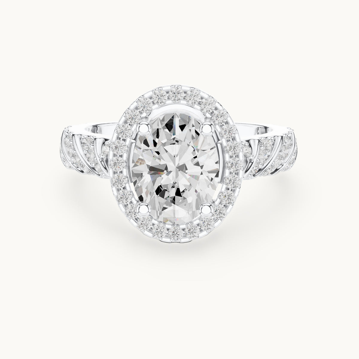 Oval lab-grown diamond halo engagement ring with twisted pavé band in white gold, 2.12 CT TW, view 4
