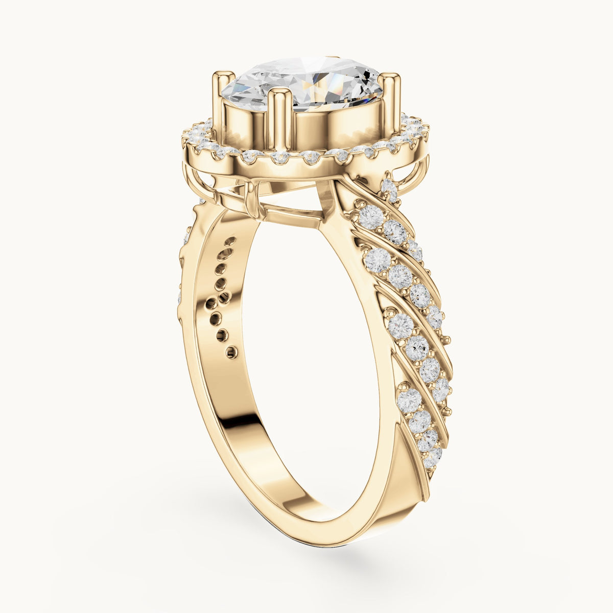 Oval lab-grown diamond halo engagement ring with twisted pavé band in yellow gold, 2.12 CT TW, view 1
