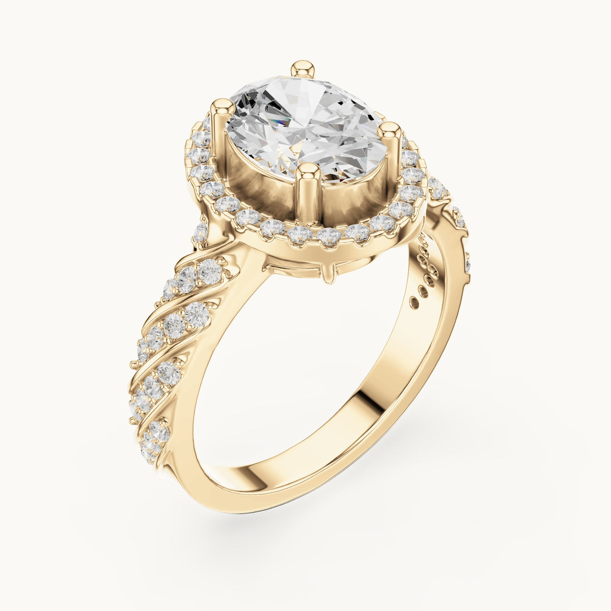 Oval lab-grown diamond halo engagement ring with twisted pavé band in yellow gold, 2.12 CT TW, view 2