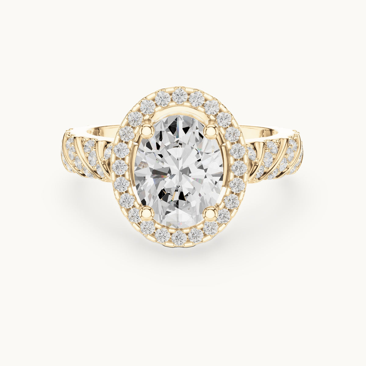 Oval lab-grown diamond halo engagement ring with twisted pavé band in yellow gold, 2.12 CT TW, view 4