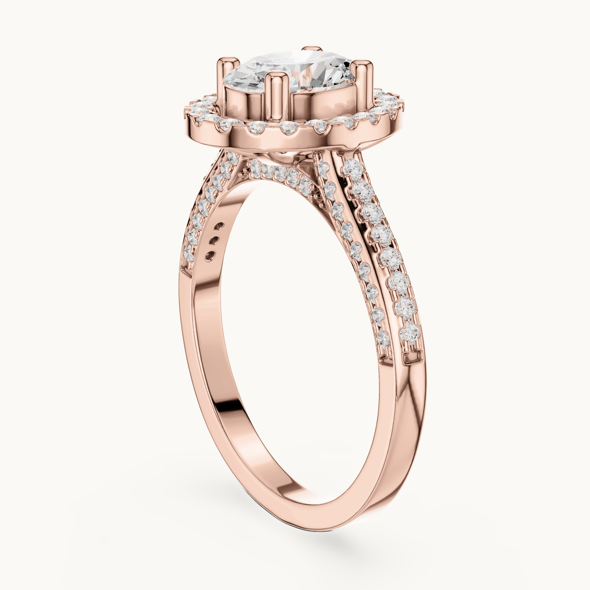 Oval lab-grown diamond halo engagement ring in 14K rose gold, 1.39 CT TW, view 1
