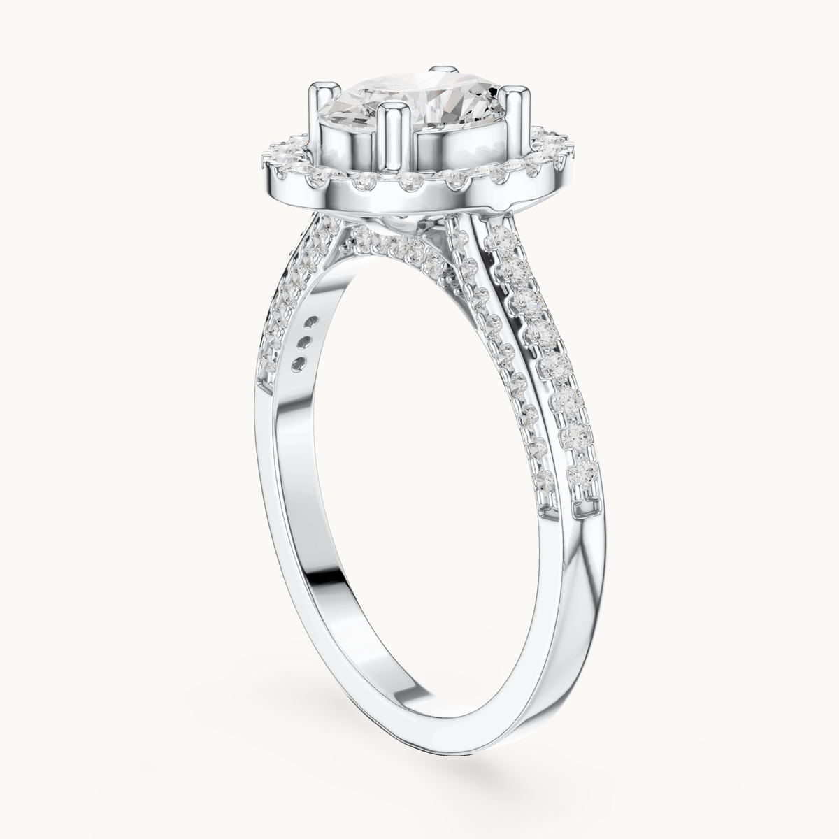 Oval lab-grown diamond halo engagement ring in 14K white gold, 1.39 CT TW, view 1