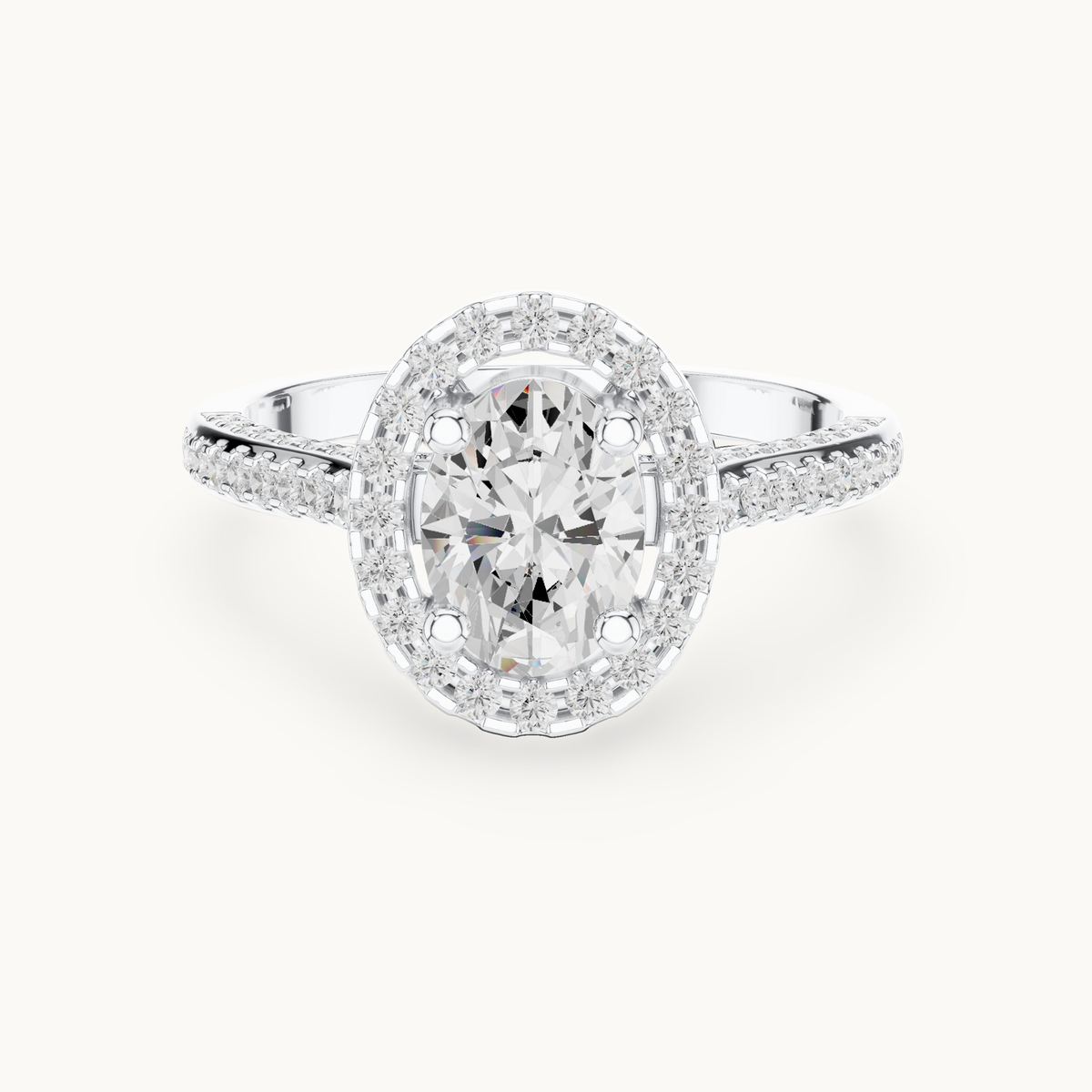 Oval lab-grown diamond halo engagement ring in 14K white gold, 1.39 CT TW, view 4