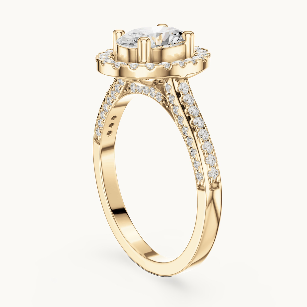 Oval lab-grown diamond halo engagement ring in 14K yellow gold, 1.39 CT TW, view 1