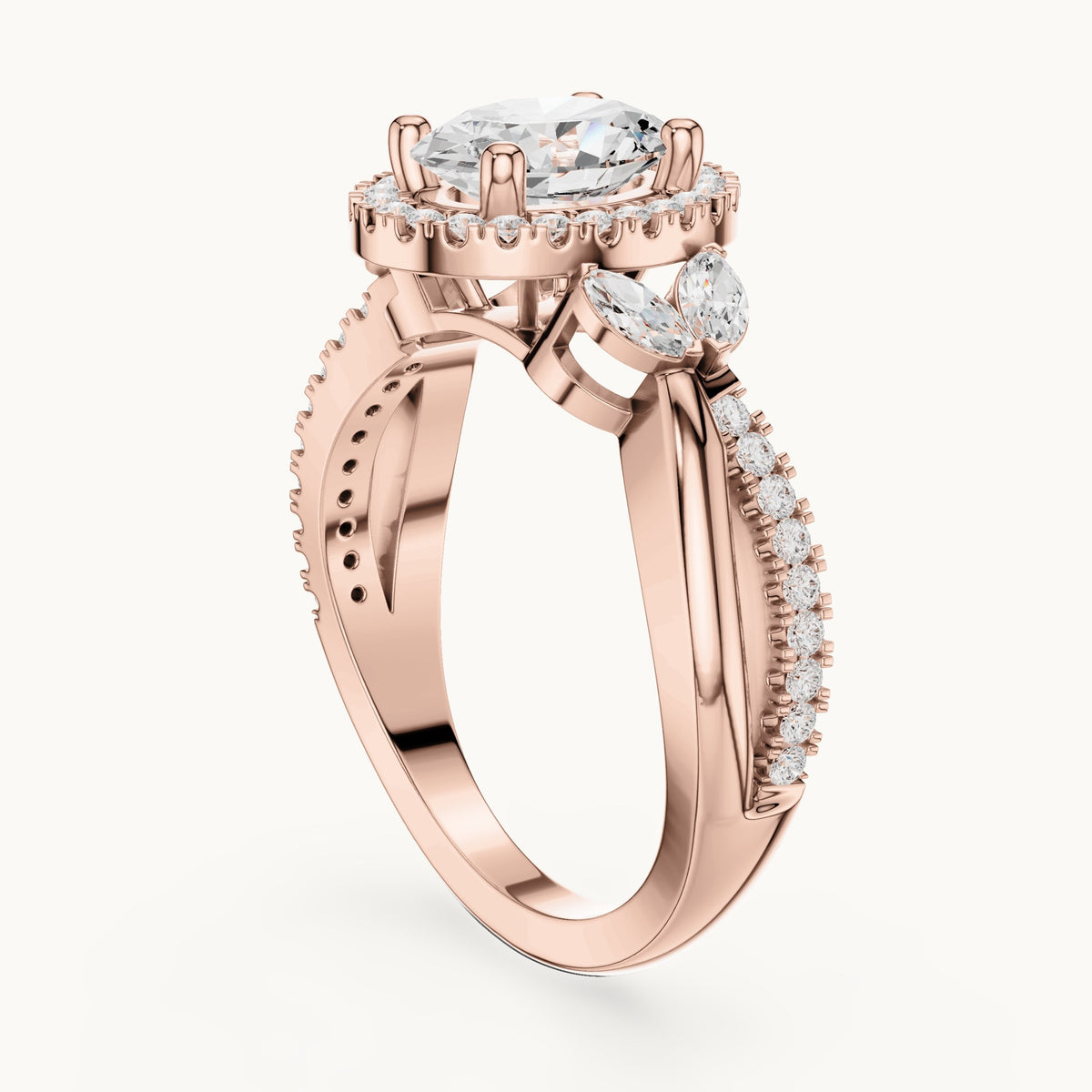 Oval lab-grown diamond halo engagement ring with marquise side stones in rose gold, 1.50 CT TW, view 1