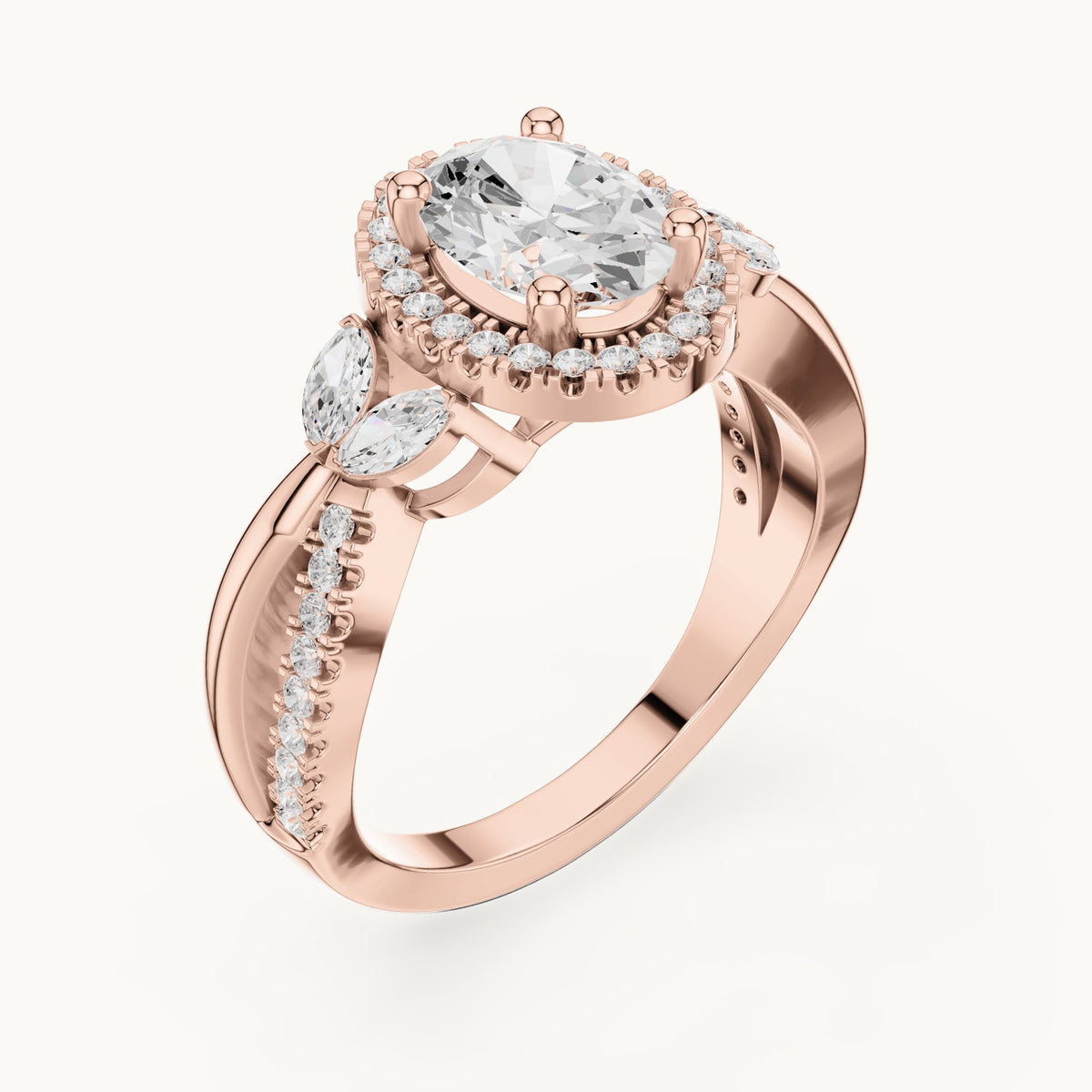 Oval lab-grown diamond halo engagement ring with marquise side stones in rose gold, 1.50 CT TW, view 2