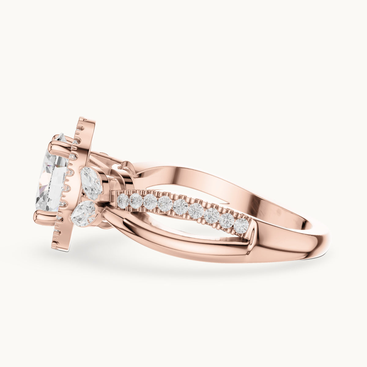 Oval lab-grown diamond halo engagement ring with marquise side stones in rose gold, 1.50 CT TW, view 3