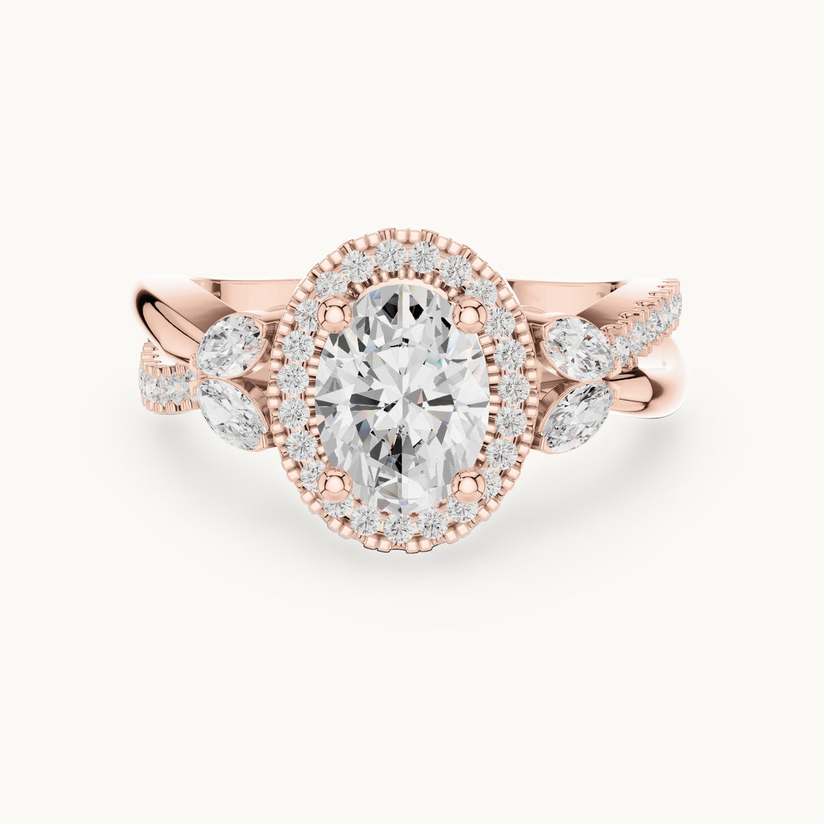 Oval lab-grown diamond halo engagement ring with marquise side stones in rose gold, 1.50 CT TW, view 4