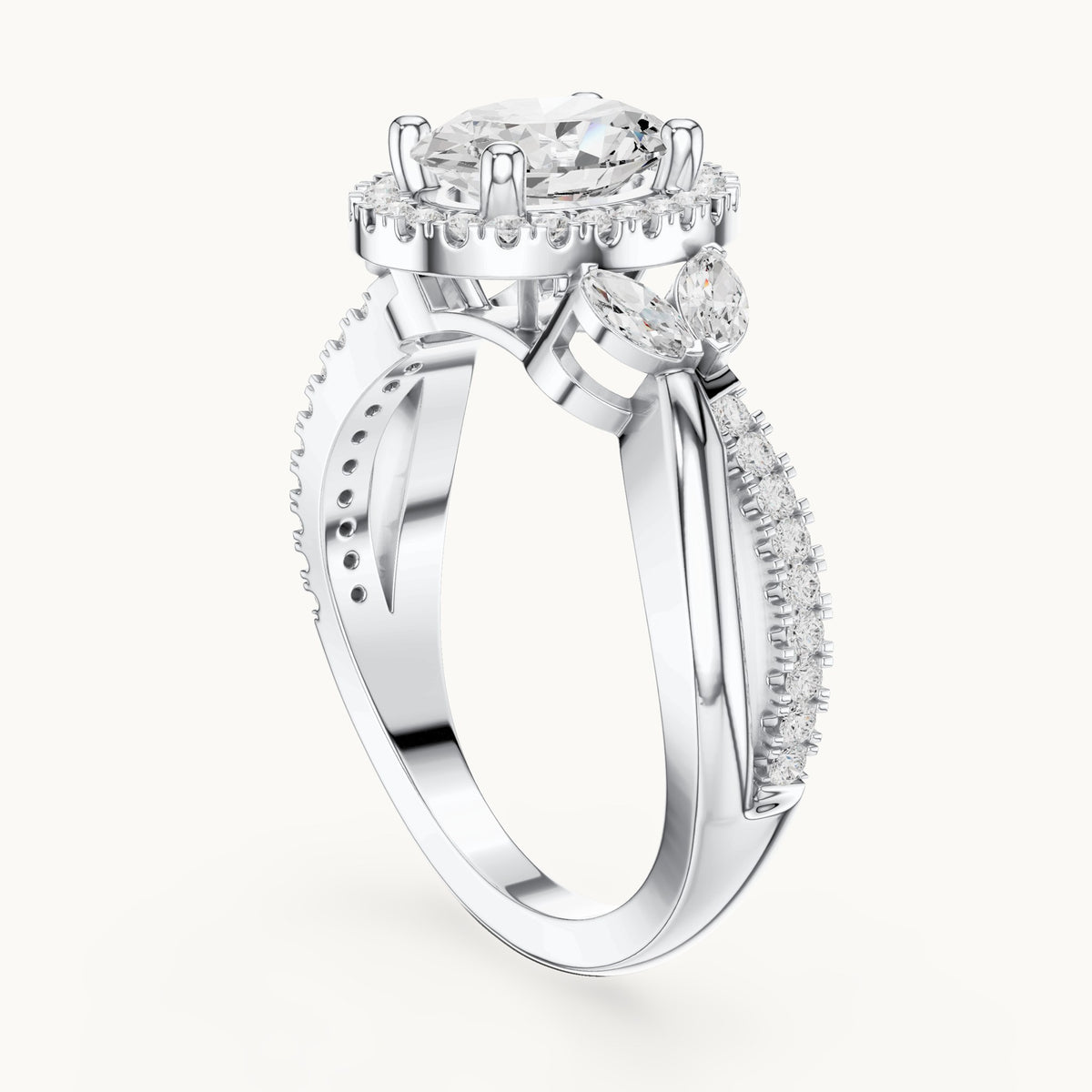 Oval lab-grown diamond halo engagement ring with marquise side stones in white gold, 1.50 CT TW, view 1