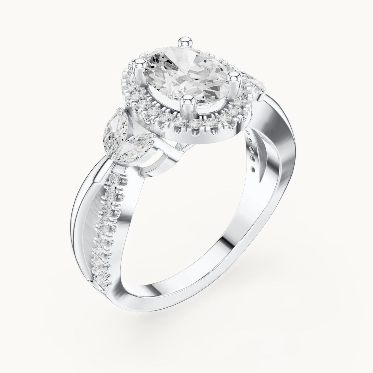 Oval lab-grown diamond halo engagement ring with marquise side stones in white gold, 1.50 CT TW, view 2