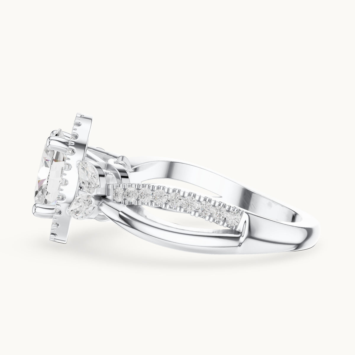 Oval lab-grown diamond halo engagement ring with marquise side stones in white gold, 1.50 CT TW, view 3