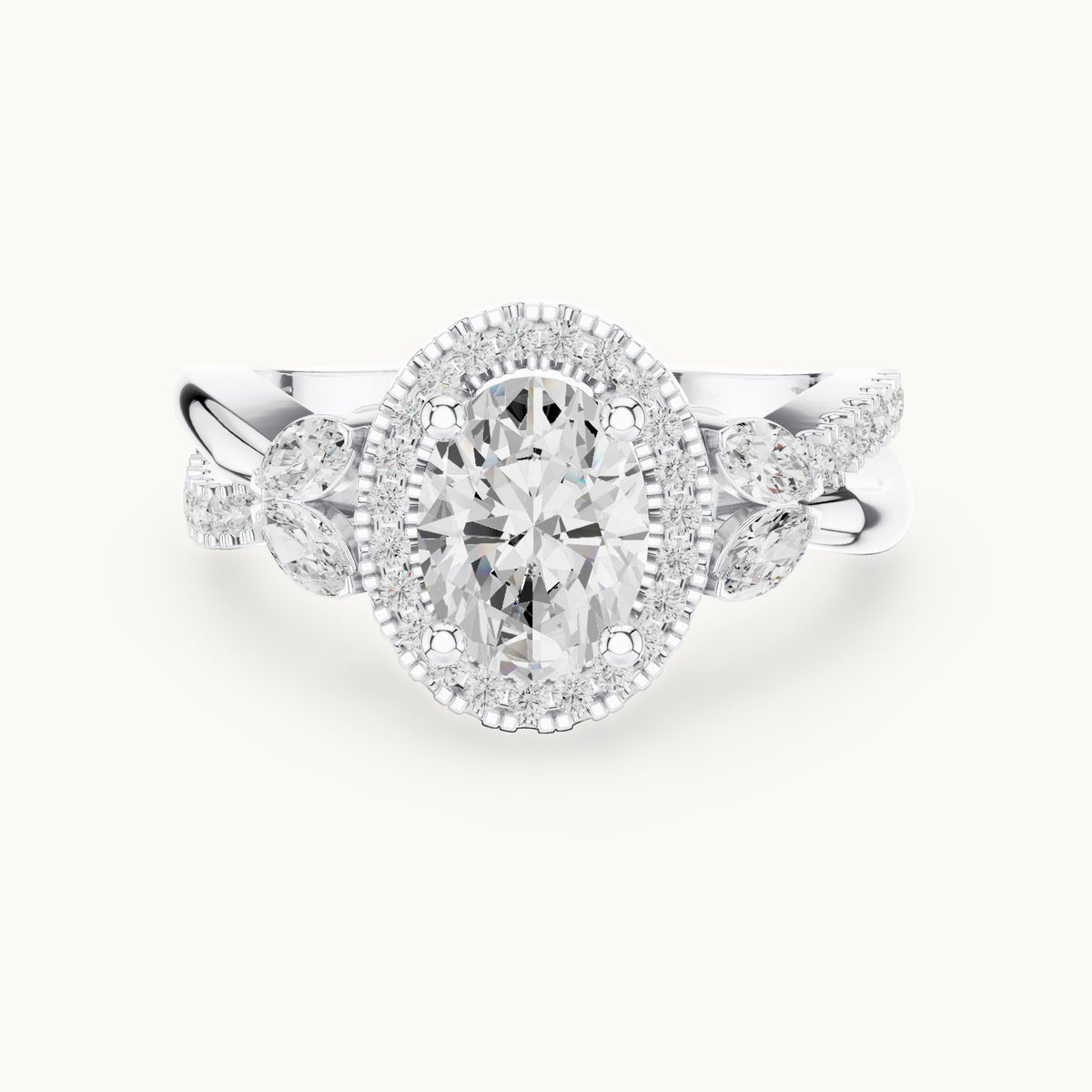 Oval lab-grown diamond halo engagement ring with marquise side stones in white gold, 1.50 CT TW, view 4