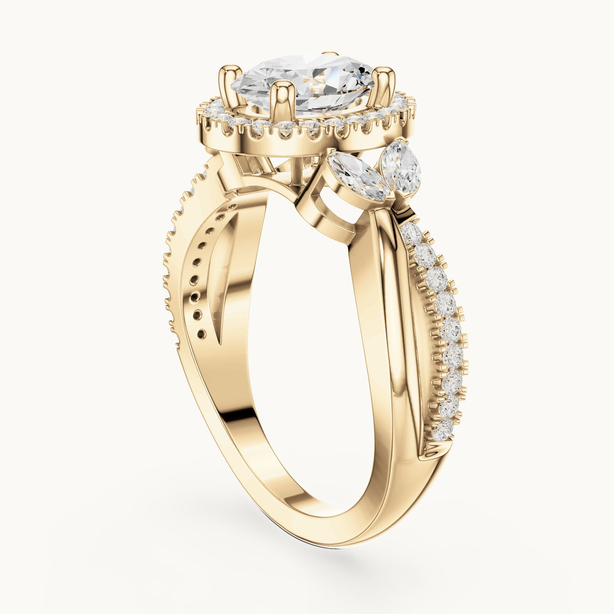 Oval lab-grown diamond halo engagement ring with marquise side stones in yellow gold, 1.50 CT TW, view 1