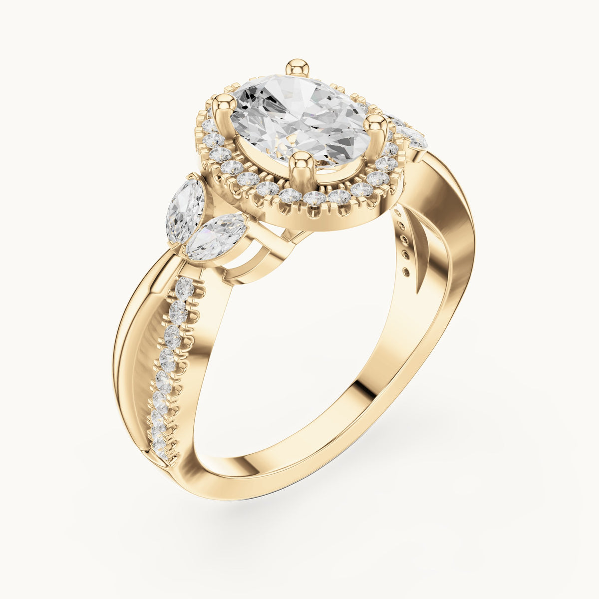 Oval lab-grown diamond halo engagement ring with marquise side stones in yellow gold, 1.50 CT TW, view 2