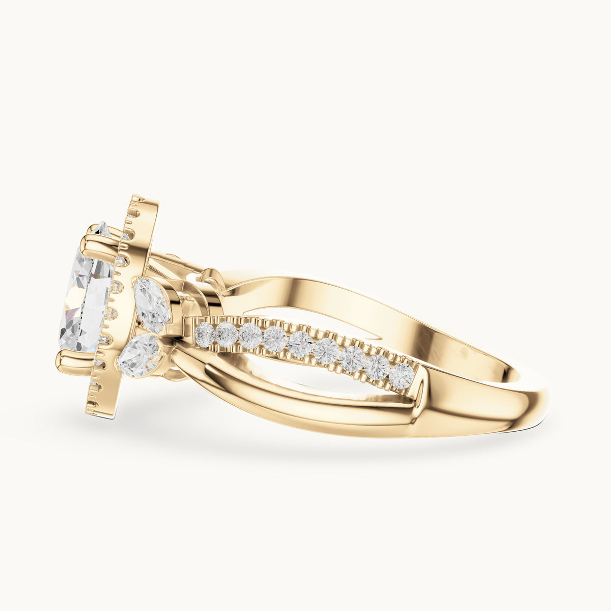 Oval lab-grown diamond halo engagement ring with marquise side stones in yellow gold, 1.50 CT TW, view 3