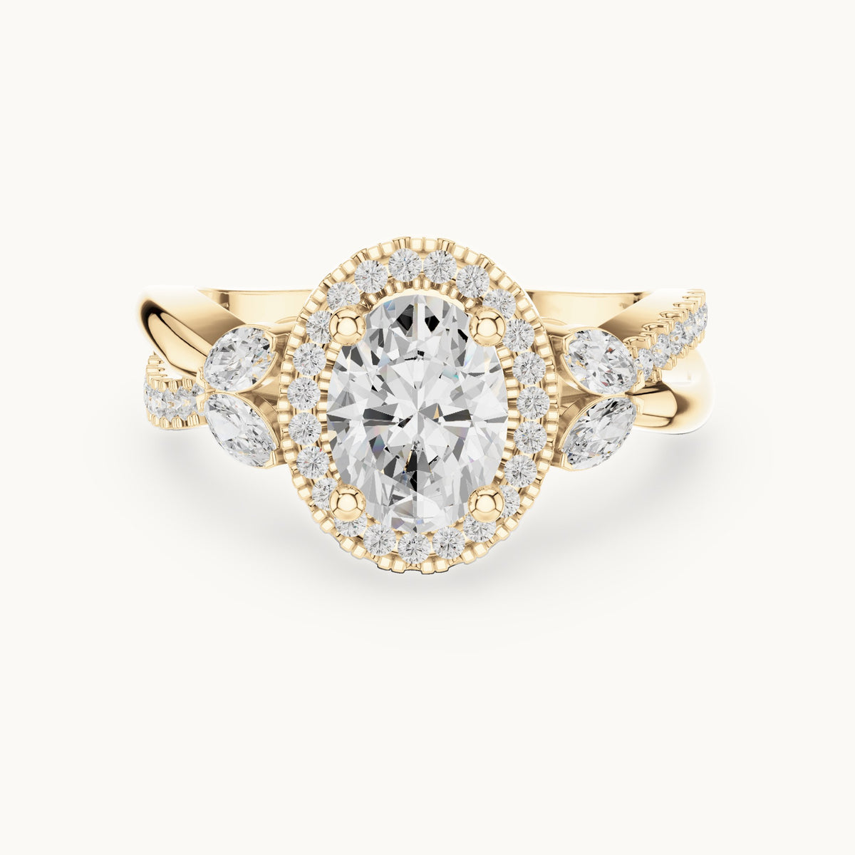 Oval lab-grown diamond halo engagement ring with marquise side stones in yellow gold, 1.50 CT TW, view 4