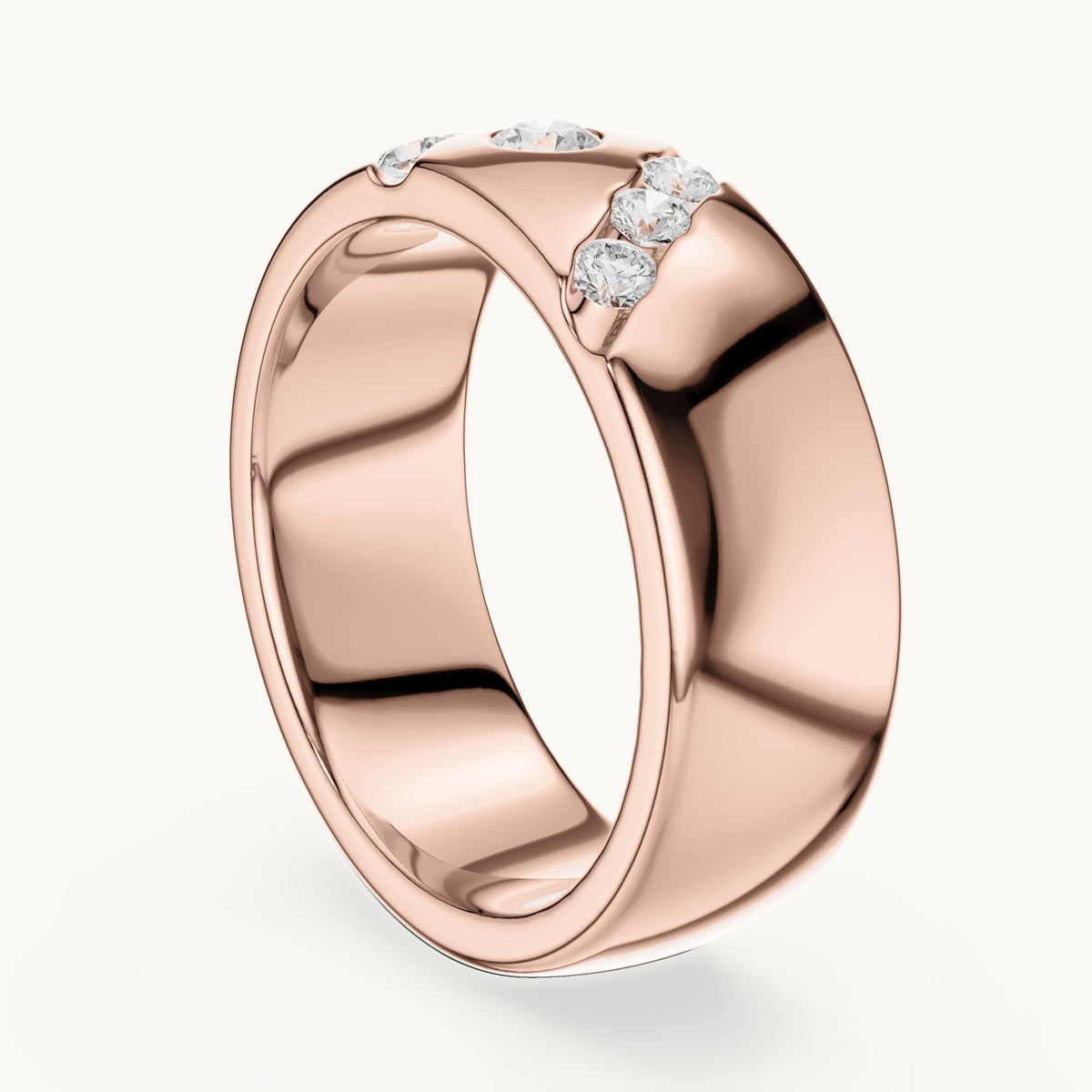 Round lab-grown diamond wide band ring with bezel and diagonal accents in rose gold, 0.32 CT TW, view 1