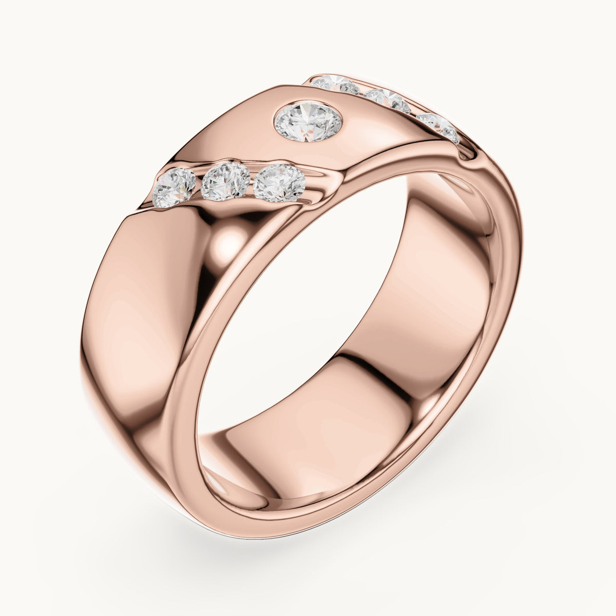 Round lab-grown diamond wide band ring with bezel and diagonal accents in rose gold, 0.32 CT TW, view 2