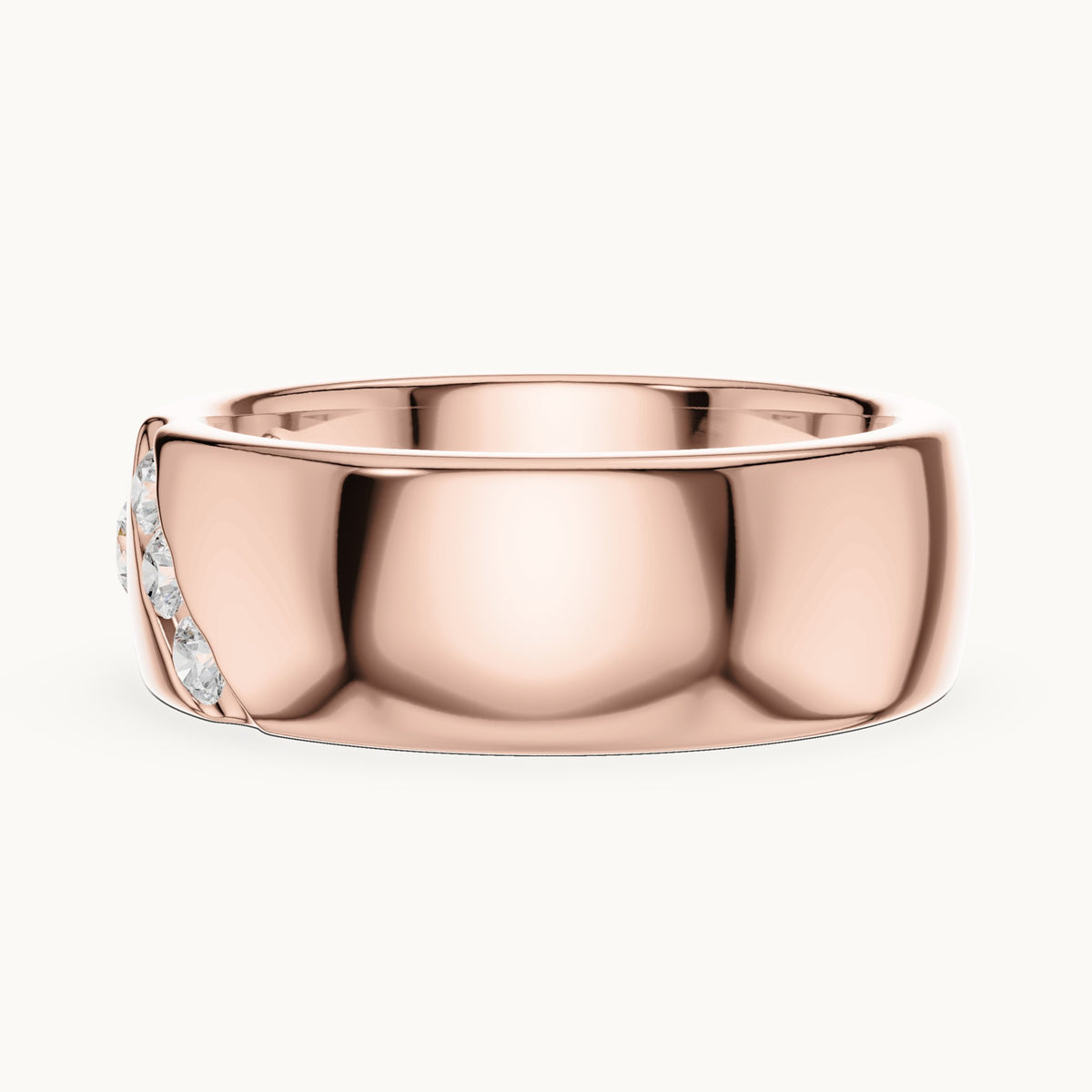 Round lab-grown diamond wide band ring with bezel and diagonal accents in rose gold, 0.32 CT TW, view 3