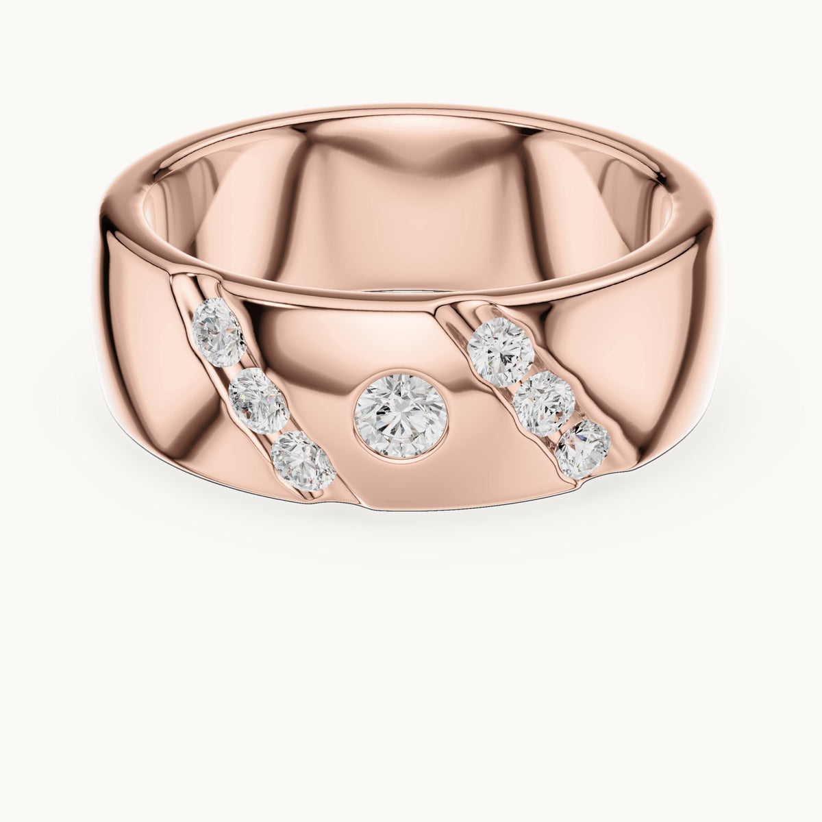 Round lab-grown diamond wide band ring with bezel and diagonal accents in rose gold, 0.32 CT TW, view 4