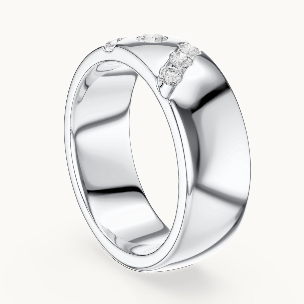 Round lab-grown diamond wide band ring with bezel and diagonal accents in white gold, 0.32 CT TW, view 1