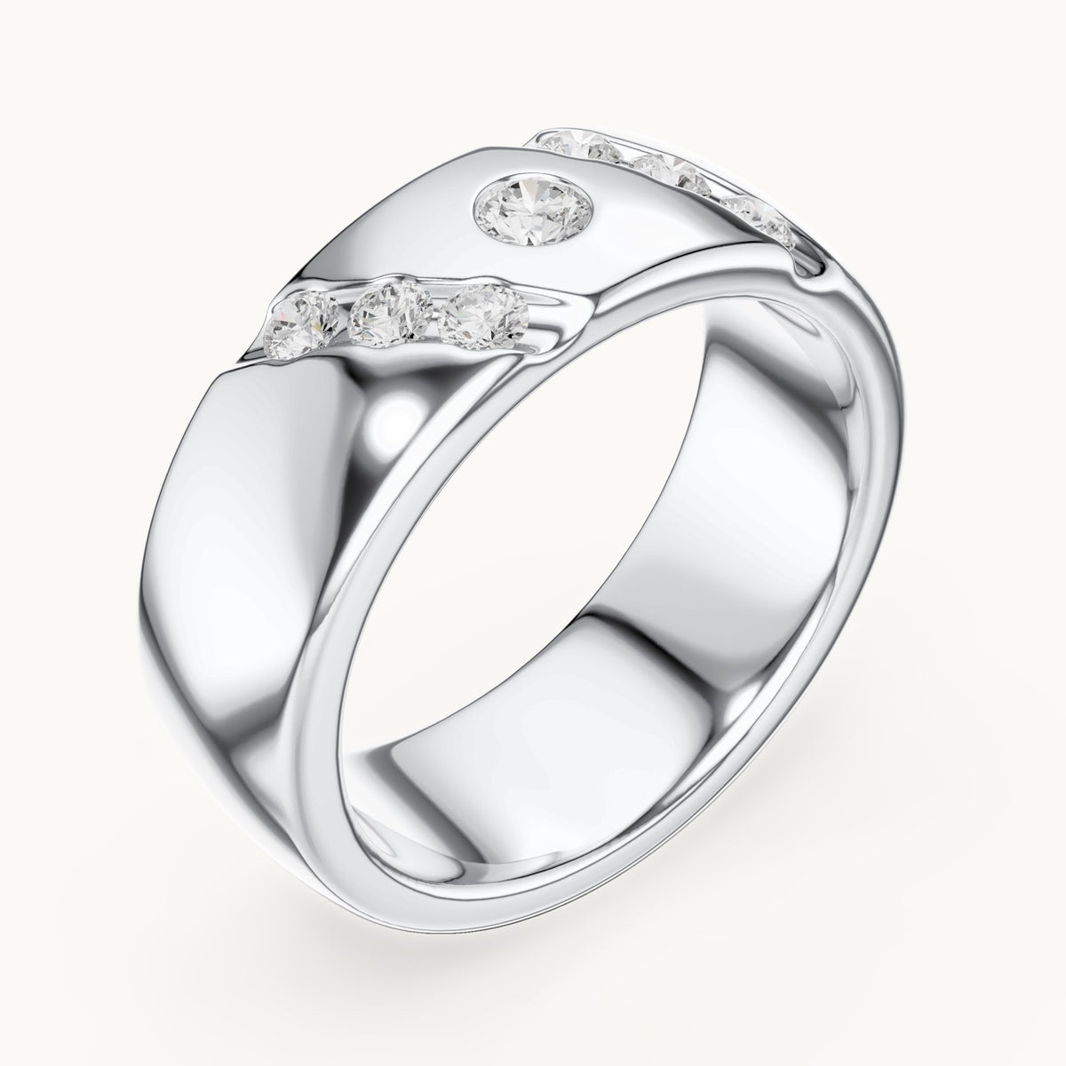 Round lab-grown diamond wide band ring with bezel and diagonal accents in white gold, 0.32 CT TW, view 2