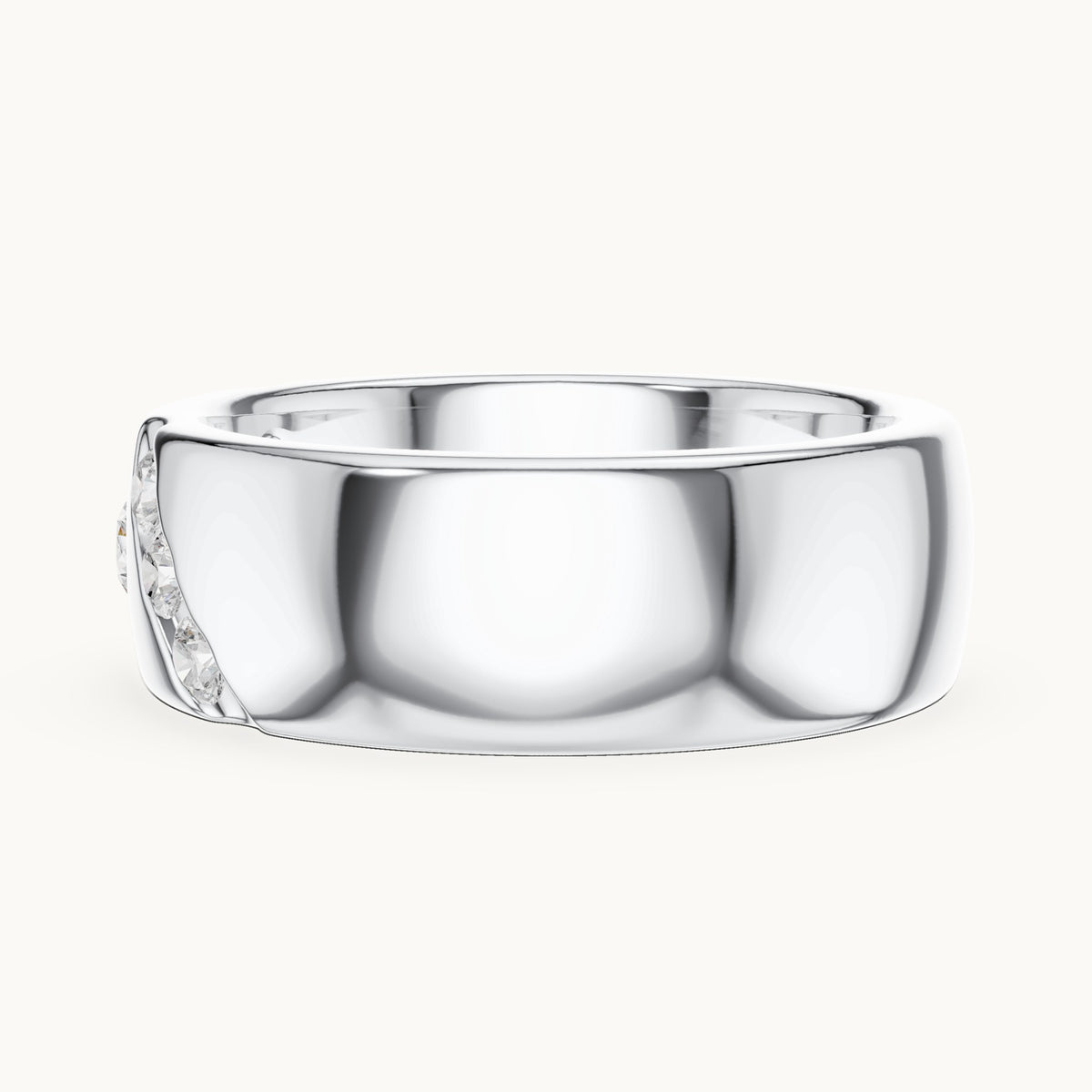 Round lab-grown diamond wide band ring with bezel and diagonal accents in white gold, 0.32 CT TW, view 3