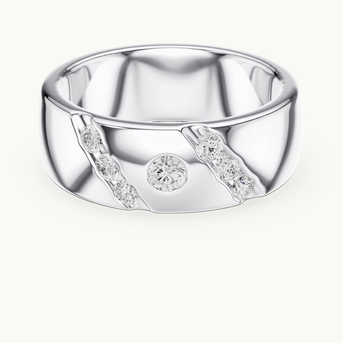 Round lab-grown diamond wide band ring with bezel and diagonal accents in white gold, 0.32 CT TW, view 4