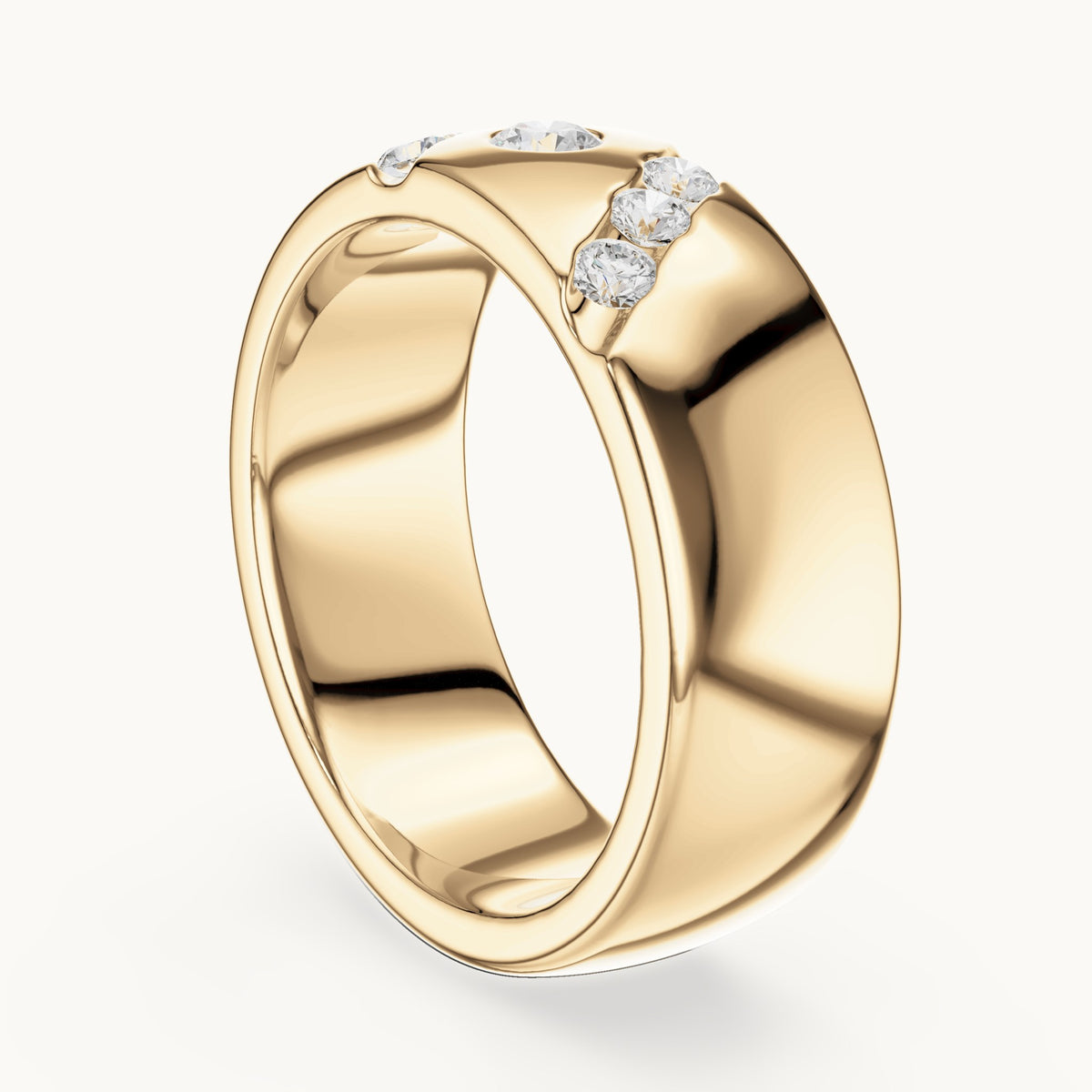 Round lab-grown diamond wide band ring with bezel and diagonal accents in yellow gold, 0.32 CT TW, view 1