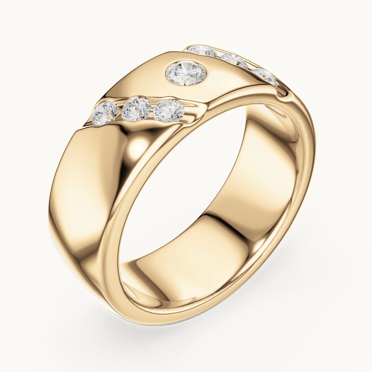 Round lab-grown diamond wide band ring with bezel and diagonal accents in yellow gold, 0.32 CT TW, view 2