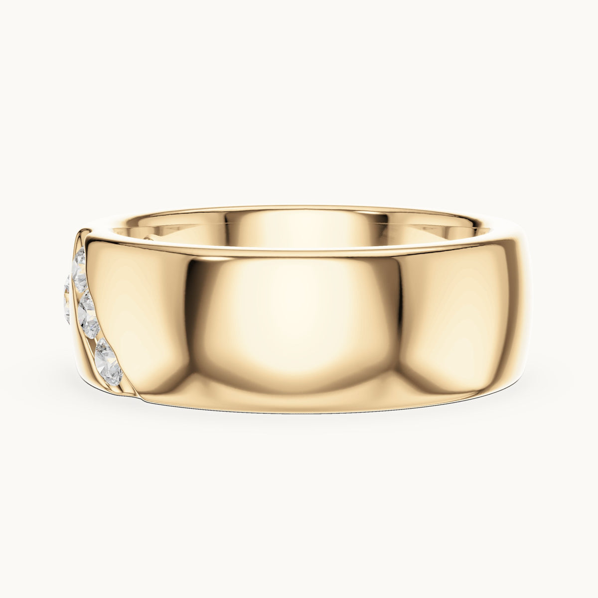 Round lab-grown diamond wide band ring with bezel and diagonal accents in yellow gold, 0.32 CT TW, view 3